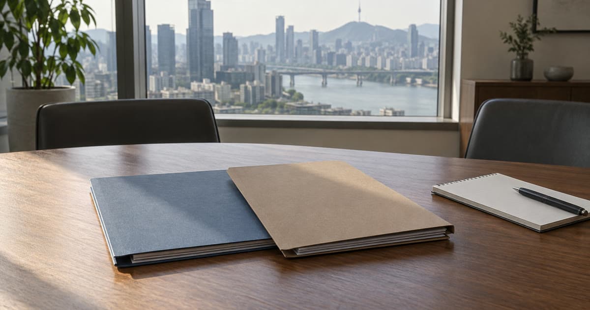 창밖 도심을 배경으로 회의용 탁자 위에 놓인 두 개의 무지 서류철과 수첩