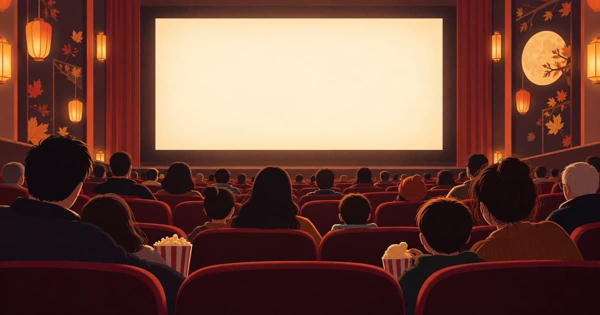 보름달과 등불 장식이 걸린 영화관에서 관객들이 빛나는 스크린을 바라보는 뒷모습 일러스트