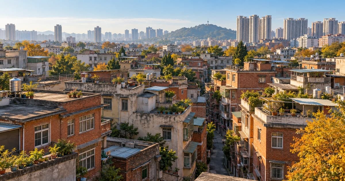 맑은 가을날 높은 곳에서 내려다본 붉은 벽돌·베이지색 저층 주택 밀집 지역과 좁은 골목, 옥상의 화분과 물탱크, 멀리 고층 아파트와 탑이 선 녹색 언덕
