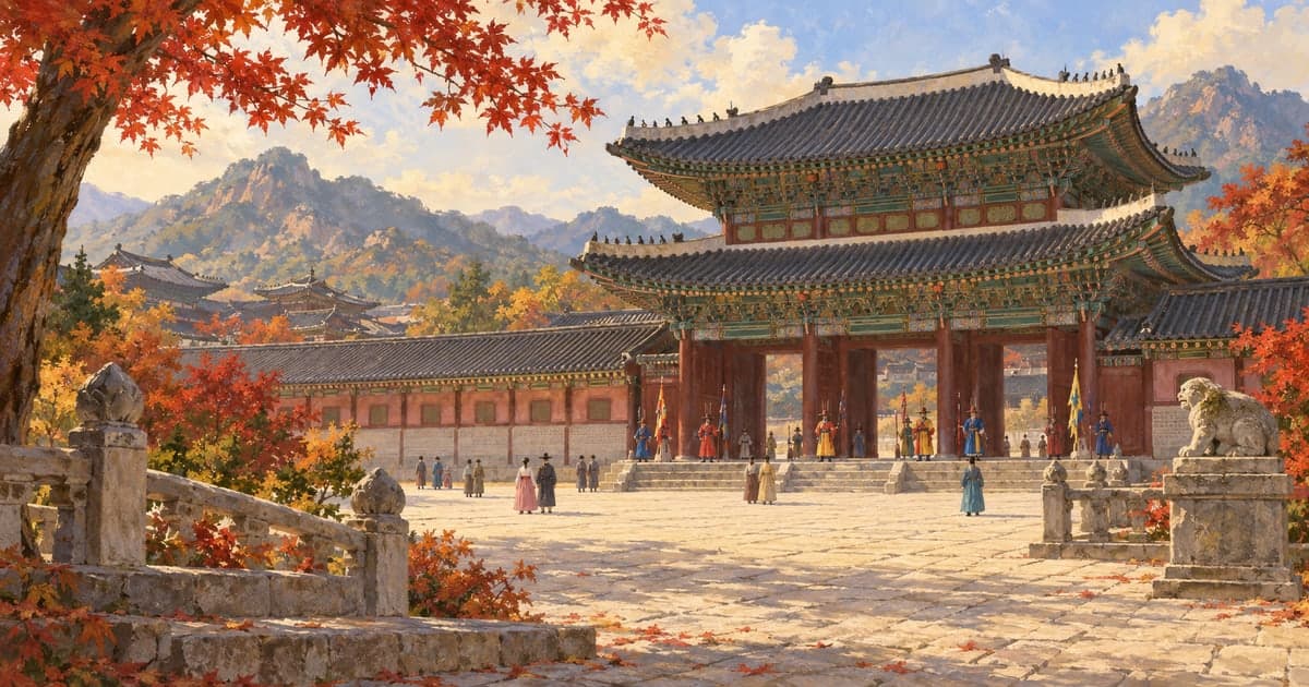 단풍이 물든 조선 궁궐 마당과 단청 처마, 멀리 전통 복장의 수문장과 관람객들이 보이는 일러스트