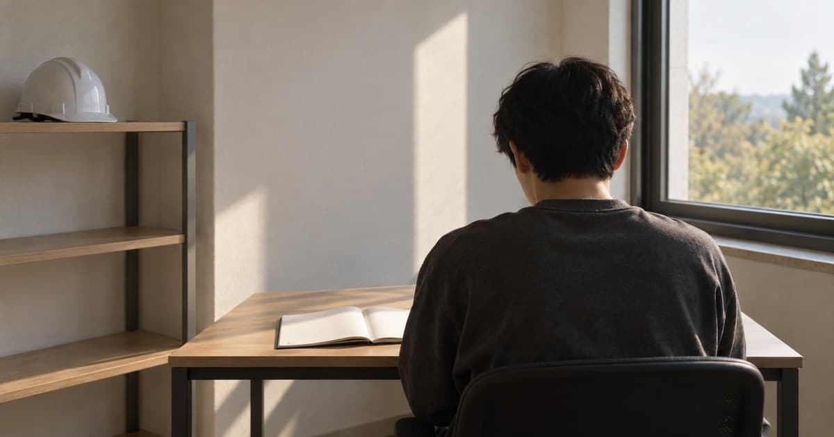 창가 책상에 앉은 사람의 뒷모습, 펼친 빈 노트와 선반 위 안전모