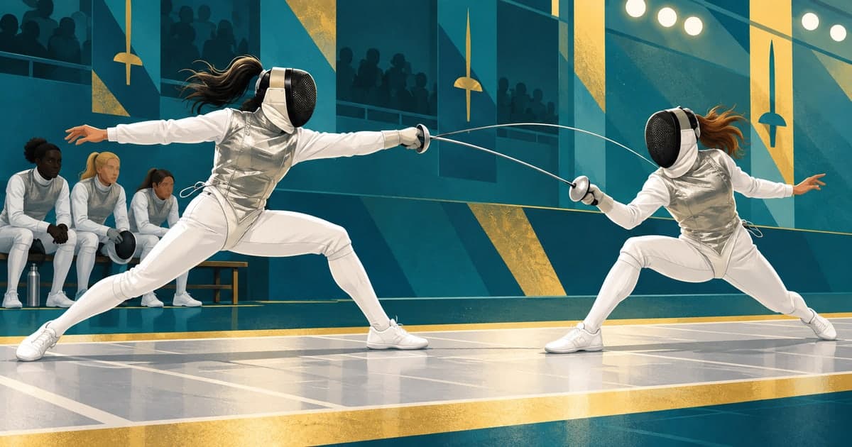 푸른 조명의 펜싱 경기장에서 금속 조끼를 입은 두 여자 플뢰레 선수가 휘어진 칼을 겨누며 찌르고 뒤편 벤치에 동료들이 앉아 있는 일러스트