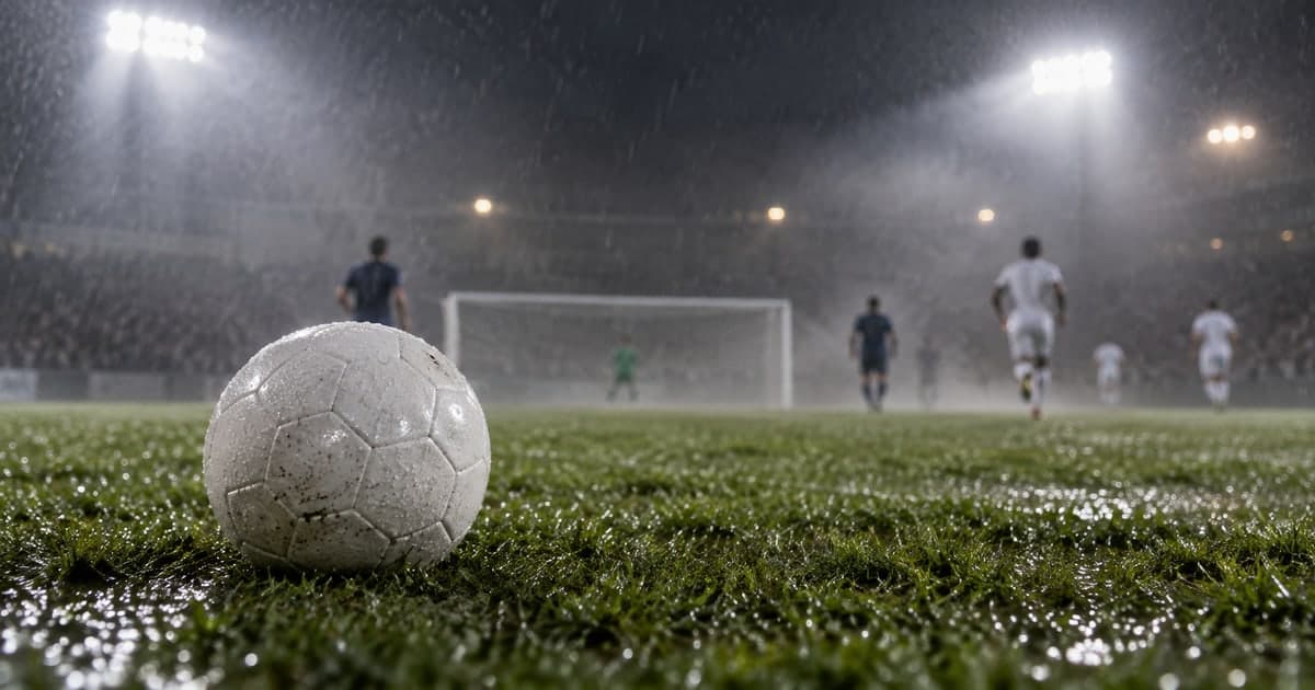 비에 젖은 잔디 위에 흰 축구공이 놓여 있고, 조명이 켜진 야간 경기장 뒤편으로 골대와 선수들이 흐릿하게 보인다.