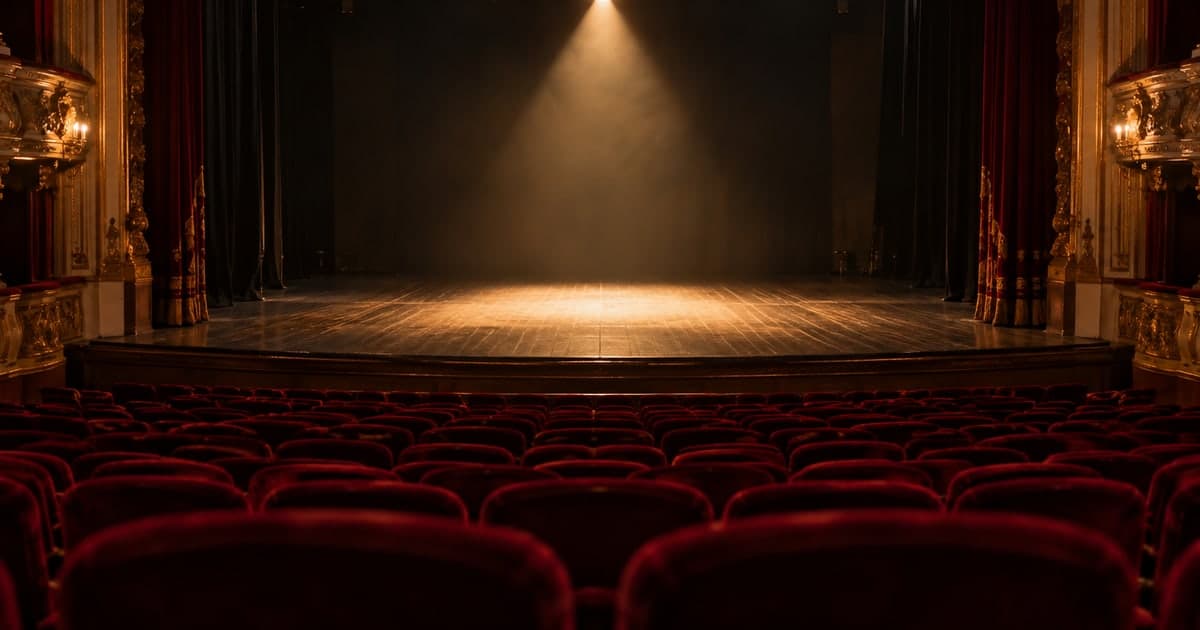 관객 없이 빈 붉은 벨벳 객석이 줄지어 있는 고풍스러운 극장 내부에서, 멀리 나무 무대 위로 따뜻한 조명 한 줄기가 빈 바닥을 비추고 있다.