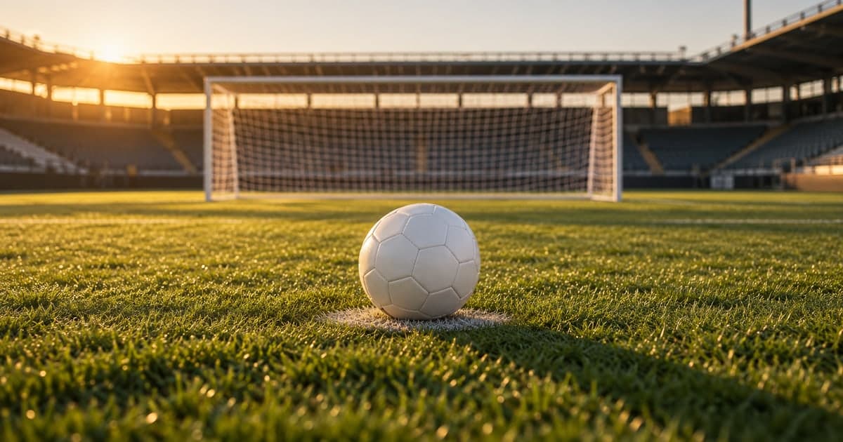 노을빛이 비치는 빈 경기장 잔디 위 페널티 지점에 흰 축구공 하나가 놓여 있고, 뒤로 흰 그물이 걸린 골대와 빈 관중석이 흐릿하게 보인다.