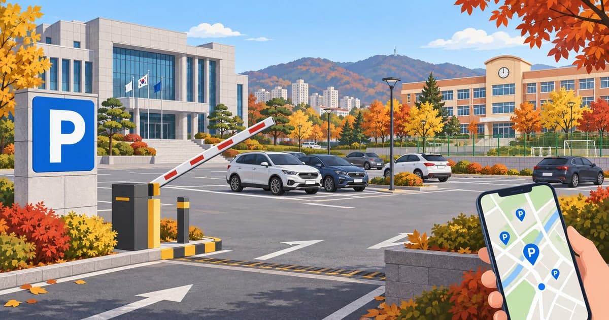 관공서와 학교 옆 공공주차장의 차단기가 열려 있고 파란 주차 표지와 주차 위치가 표시된 스마트폰 지도가 보이는 일러스트