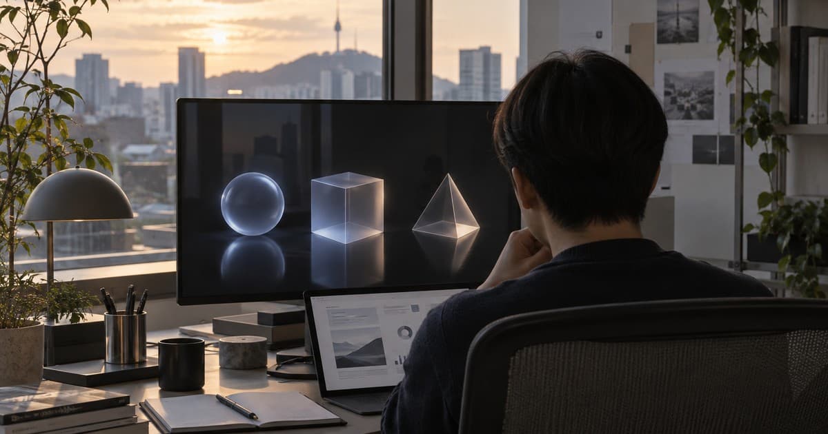 해 질 무렵 사무 공간에서 한 사람이 화면 속 추상적인 빛의 도형 세 개를 바라보고 있다. AI 생성 이미지.