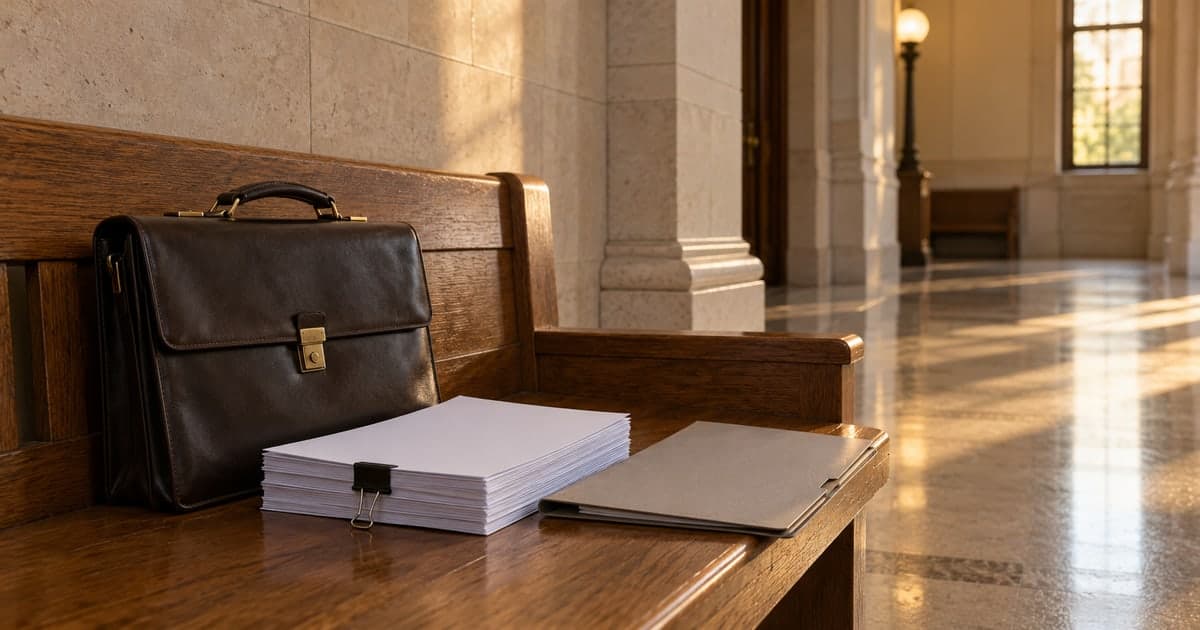 옅은 크림색 석조 벽과 기둥이 이어진 빈 복도에 오후 햇빛이 비치고, 나무 벤치 위에 닫힌 검은 가죽 서류가방과 집게로 묶은 흰 종이 뭉치, 회색 서류철이 놓여 있다.