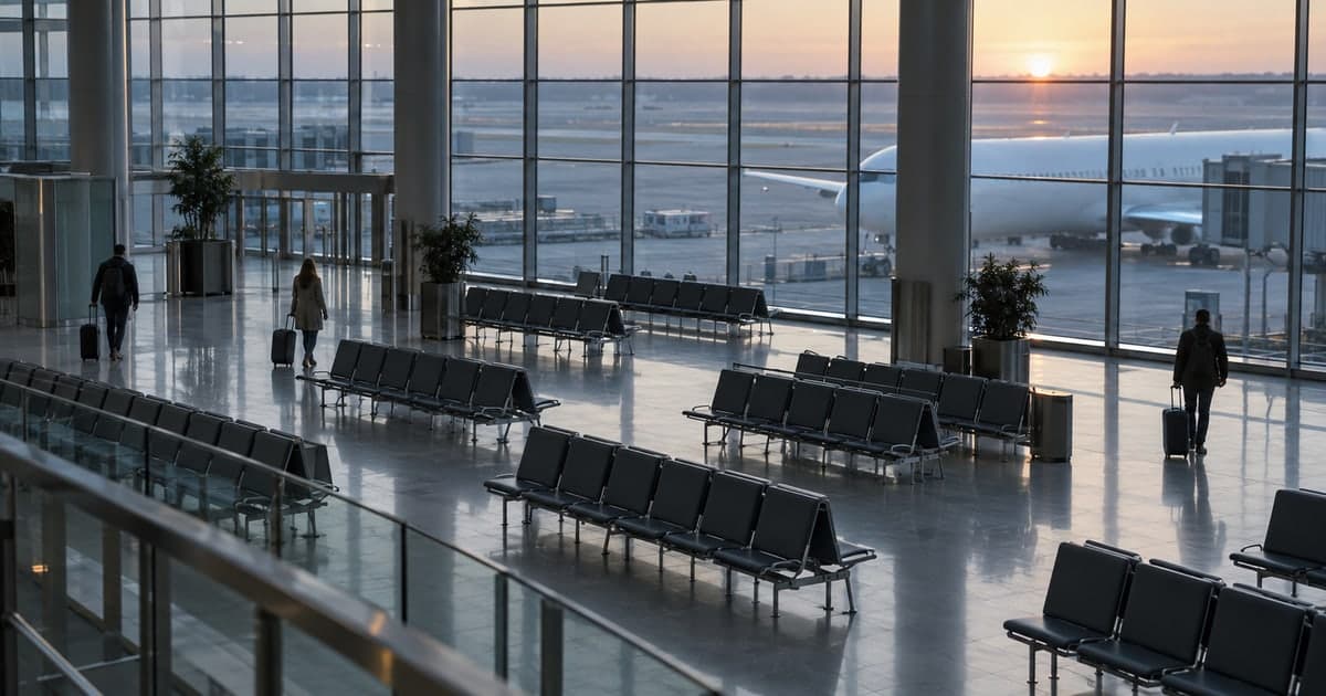 이른 새벽 햇빛이 드는 넓은 공항 출국장에 빈 의자들이 줄지어 있고, 멀리 여행 가방을 끄는 사람 몇 명의 뒷모습과 유리창 너머 흰 여객기가 보인다