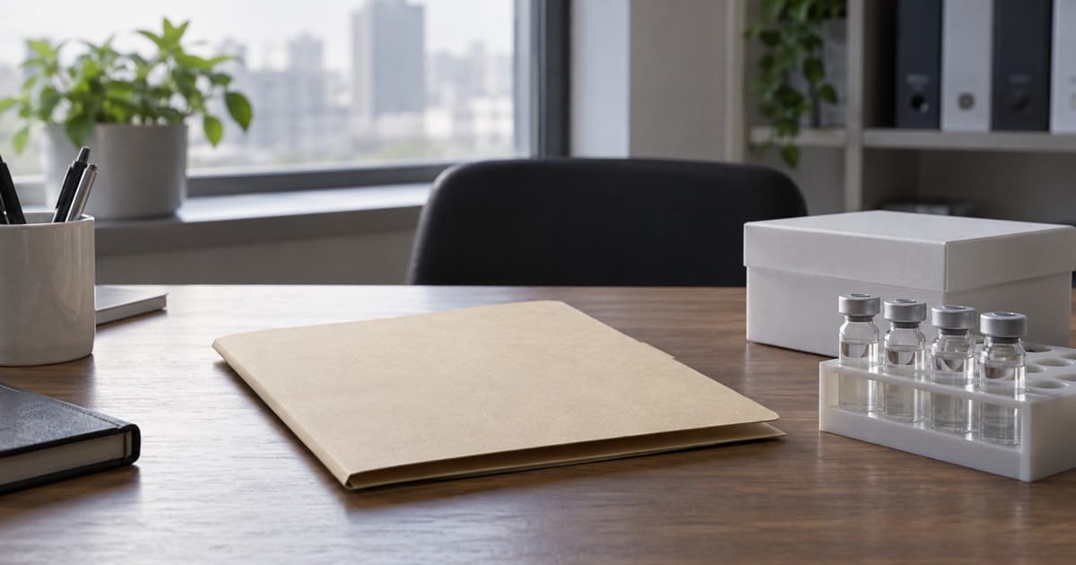 책상 위 빈 종이 폴더와 흰 상자, 투명한 병 네 개가 꽂힌 거치대