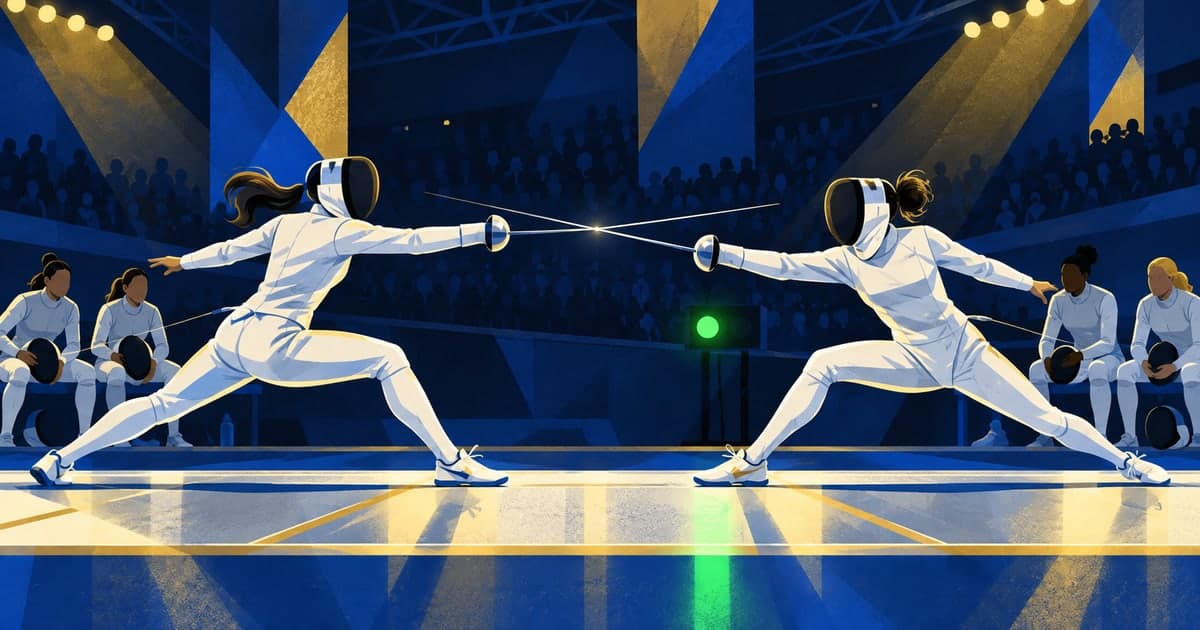 푸른 조명의 펜싱 경기장 피스트에서 두 여자 에페 선수가 서로를 향해 찌르고 뒤편 벤치에 동료들이 앉아 있는 일러스트