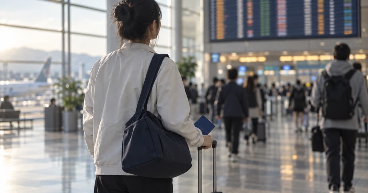 공항 출발 안내판 앞에서 가방과 여권을 든 여행객의 뒷모습을 그린 AI 생성 일러스트