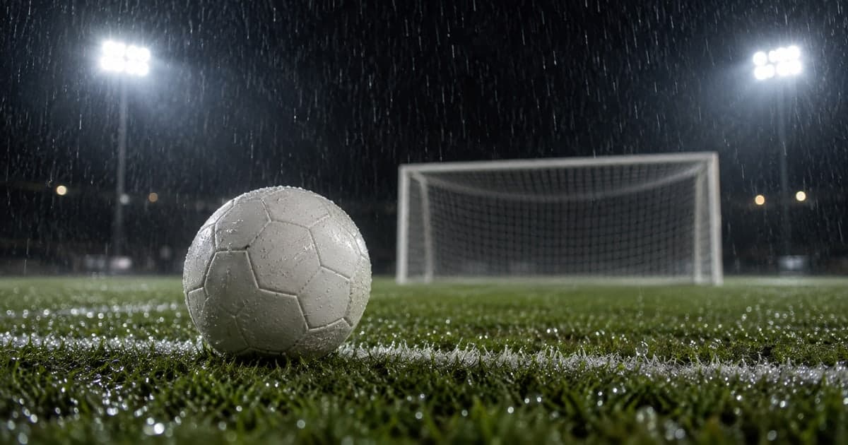 비 내리는 밤 조명 아래 젖은 잔디 위에 놓인 흰 축구공과 그 뒤로 흐릿하게 보이는 빈 골대