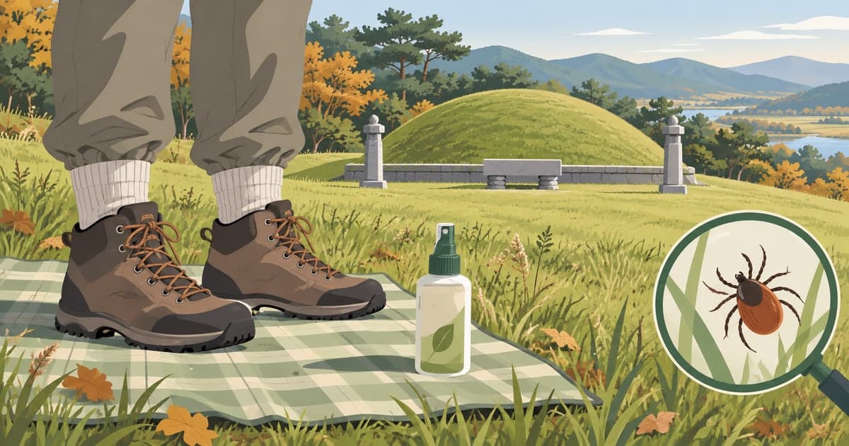 초가을 풀밭의 둥근 봉분 앞 돗자리 위에 바지를 양말에 넣은 다리와 기피제 병이 있고 모서리 돋보기 속에 작은 진드기가 그려진 일러스트