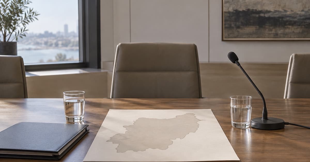 빈 회의실 탁자 위에 놓인 무표기 지도 모양 종이와 문서철, 물잔 두 개, 마이크. AI 생성 이미지