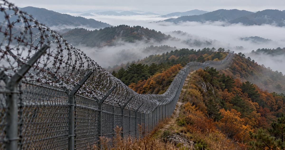안개가 골짜기를 채운 가을 산 능선을 따라 윗부분에 둥글게 감긴 철조망이 달린 철망 울타리가 길게 이어진 풍경