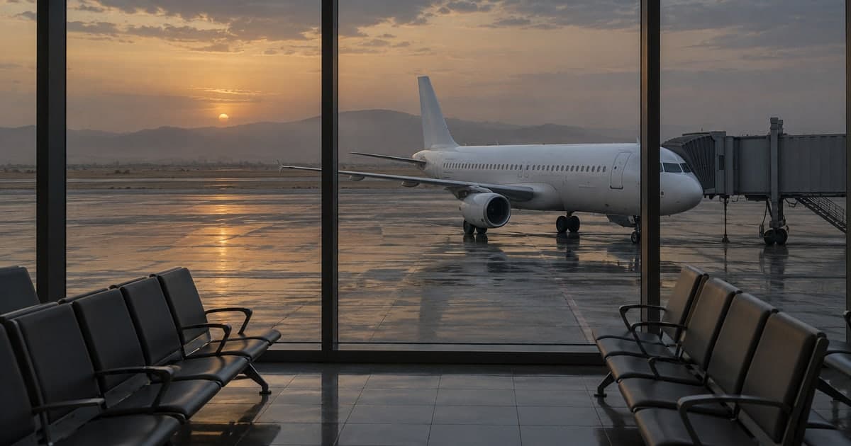 해 질 녘 공항 탑승구 대합실의 빈 검은 좌석 너머 유리창 밖으로, 표식 없는 흰 여객기가 비에 젖은 계류장의 탑승교 옆에 서 있고 멀리 산등성이 위로 해가 지고 있다