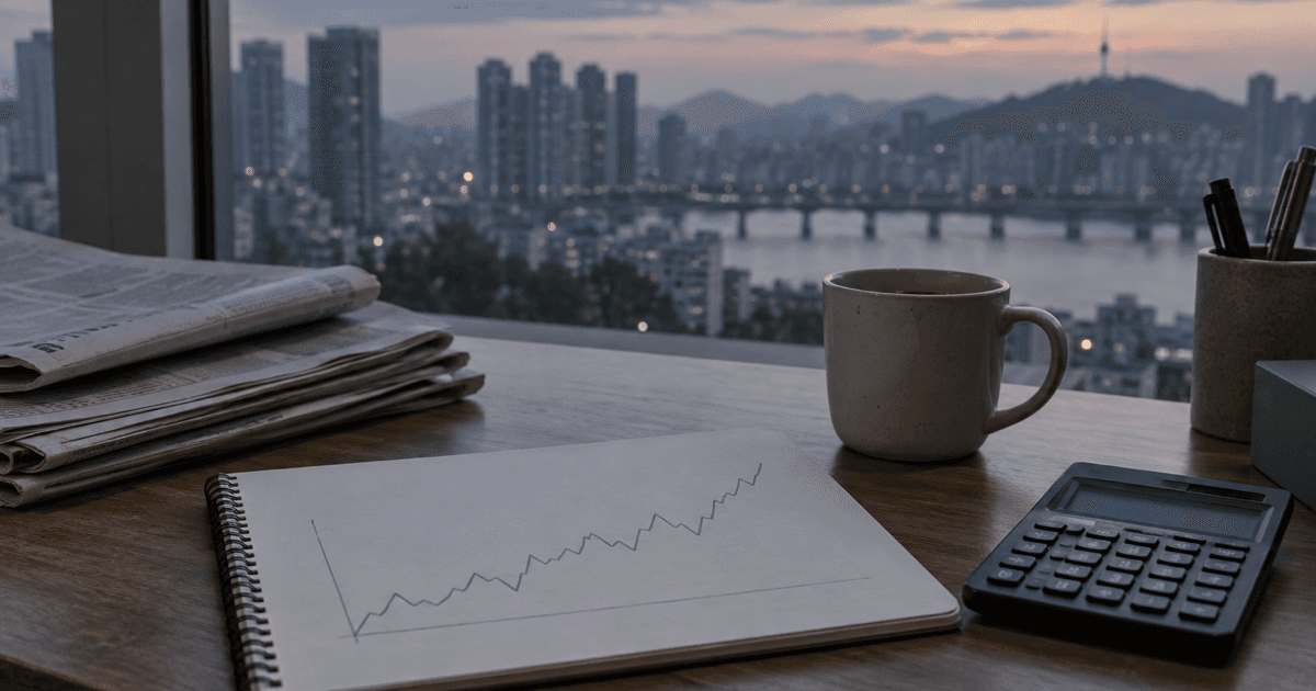 창가의 책상 위에 놓인 선 그래프 노트와 계산기, 커피잔을 담은 경제 기사 개념 일러스트