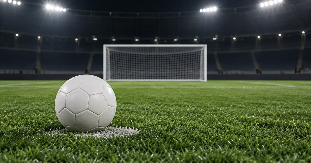 야간 조명이 켜진 빈 경기장 잔디 위 흰 점 표시에 무늬 없는 흰 축구공 하나가 놓여 있고, 뒤로 흐릿하게 골대와 그물이 보인다.