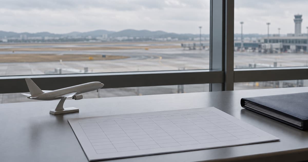 공항 활주로가 보이는 창가 책상에 놓인 비행기 모형과 빈 시간표