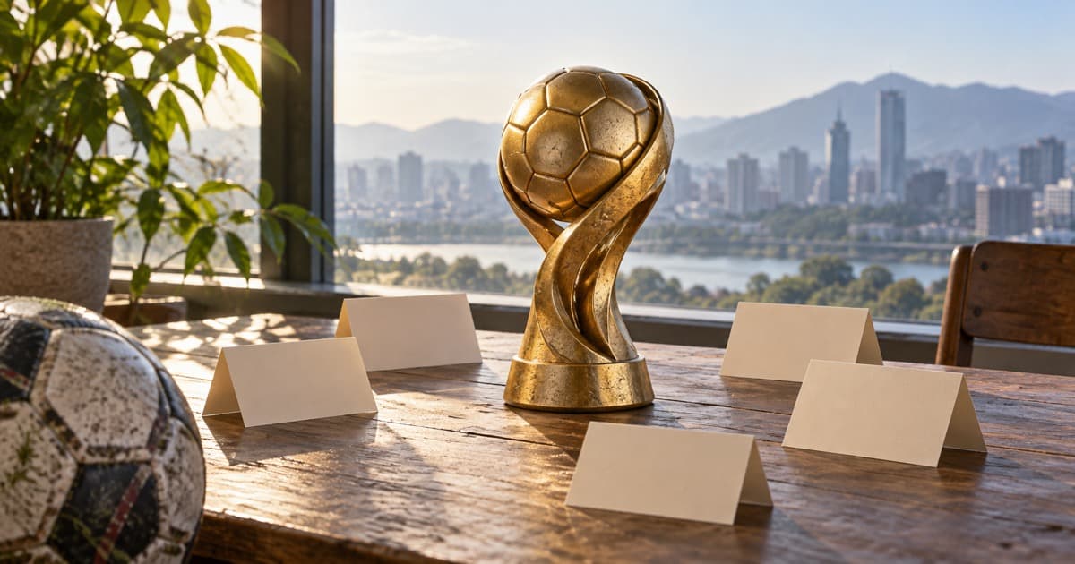 창가 나무 탁자에 놓인 축구공 모양의 추상 조형물과 빈 이름표, 낡은 축구공