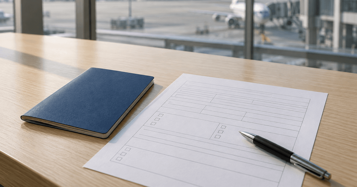 공항 창가의 책상 위에 놓인 파란색 책자와 빈 서식, 펜
