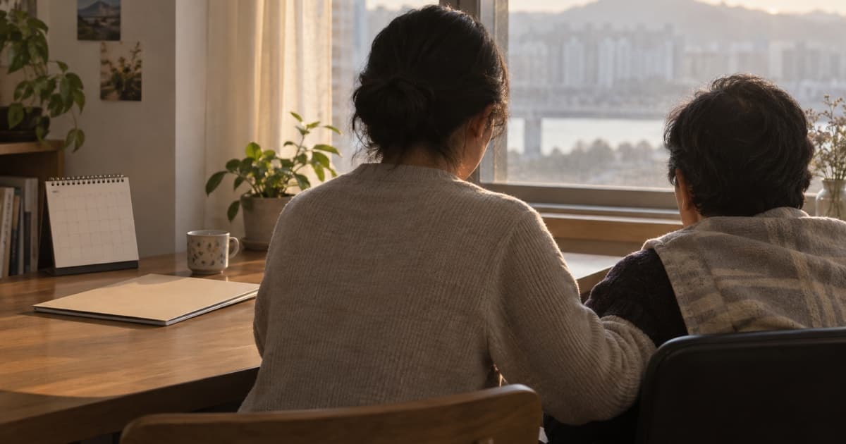 창가의 책상에서 등을 보이고 나란히 앉은 두 사람과 빈 달력·서류철을 그린 이미지