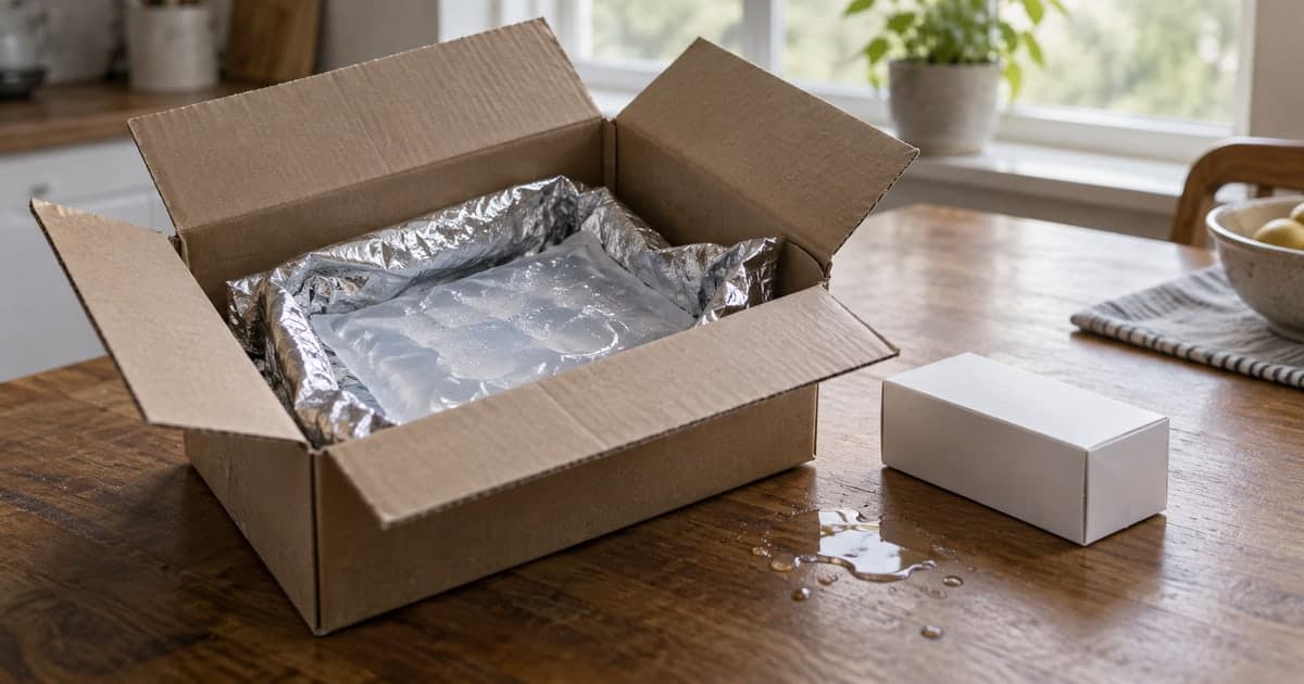 나무 식탁 위에 열린 갈색 종이 상자가 놓여 있고, 상자 안에는 구겨진 은박 보냉 포장재와 물기 맺힌 보냉팩이 들어 있다. 옆에는 아무 표시 없는 흰 상자와 물 자국이 보인다.