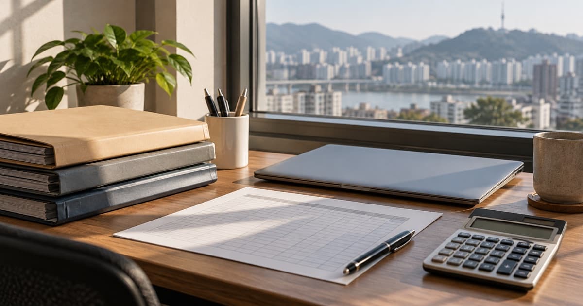 창가의 책상에 놓인 서류철과 계산기, 닫힌 노트북