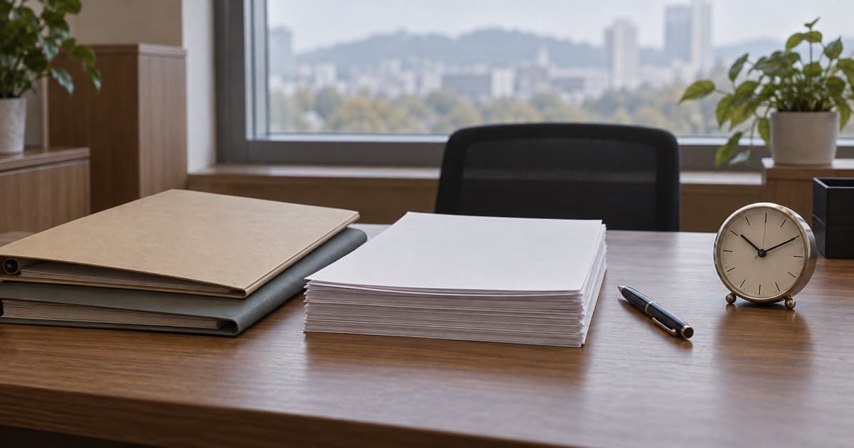 창가의 책상 위에 쌓인 흰 종이, 서류철 두 개와 펜, 작은 시계