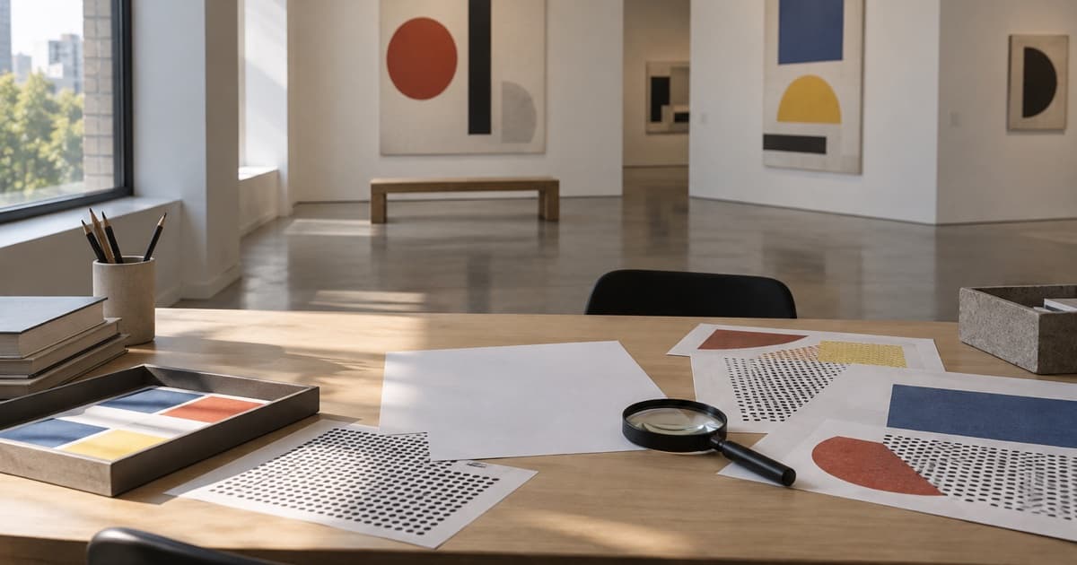 추상 그림이 걸린 전시 공간 앞 책상에 색 견본과 점무늬 종이, 돋보기가 놓인 편집용 일러스트