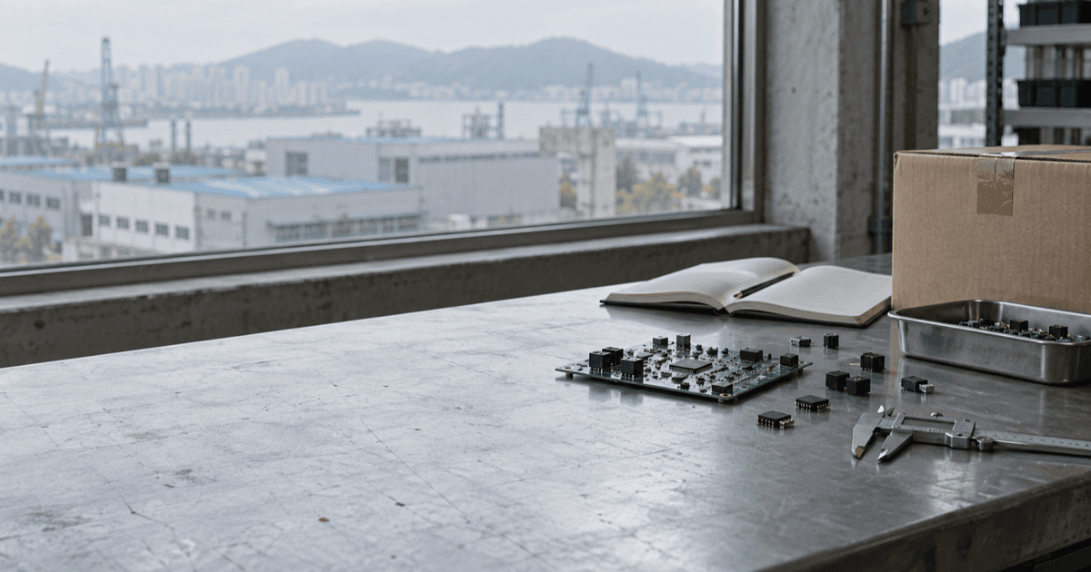 산업 시설이 보이는 창가 작업대에 회로기판과 전자부품, 측정 도구와 상자가 놓여 있다. AI 생성 이미지