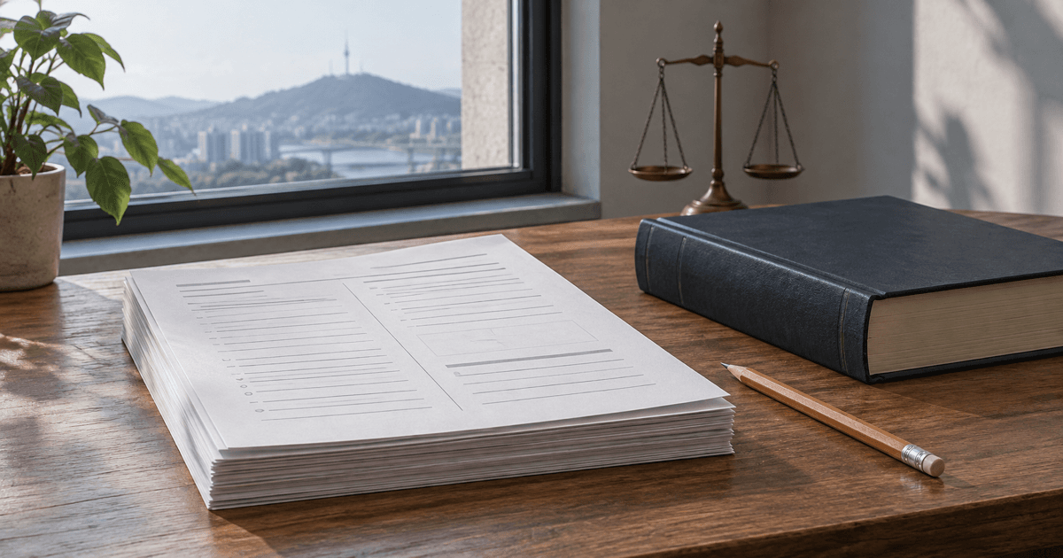 창가 책상 위에 글자를 알아볼 수 없는 시험지 묶음과 책, 연필, 저울 모형이 놓인 개념 일러스트