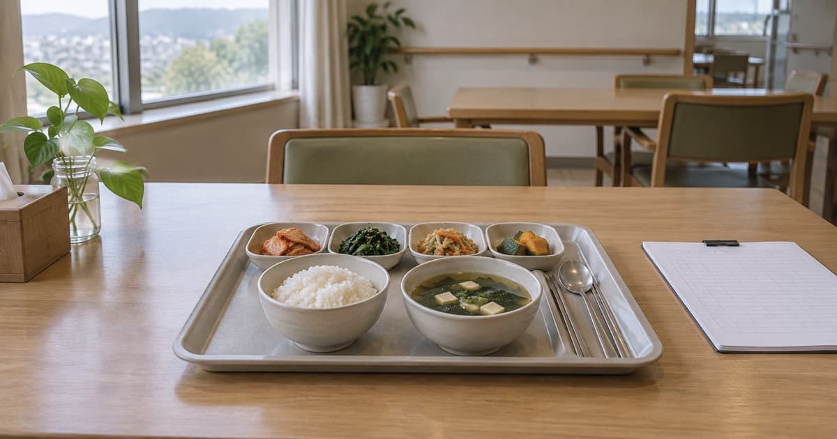 밥과 국, 반찬이 담긴 식판 옆에 빈 기록지가 놓인 식탁