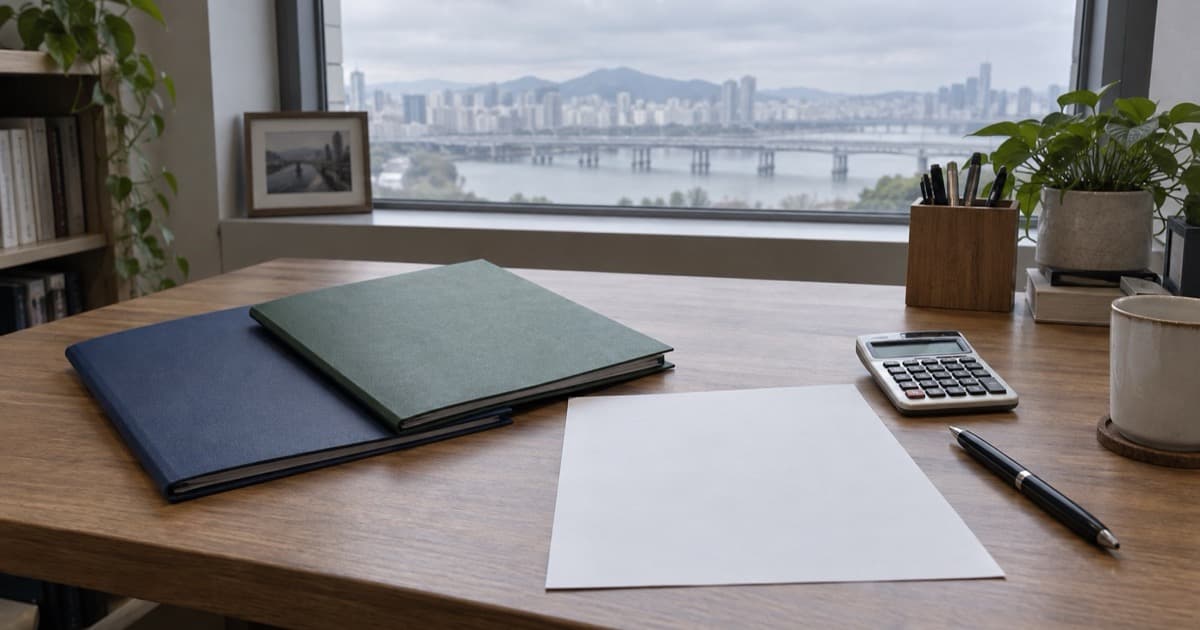 창가의 책상 위에 놓인 서류철 두 권, 빈 종이, 계산기와 펜