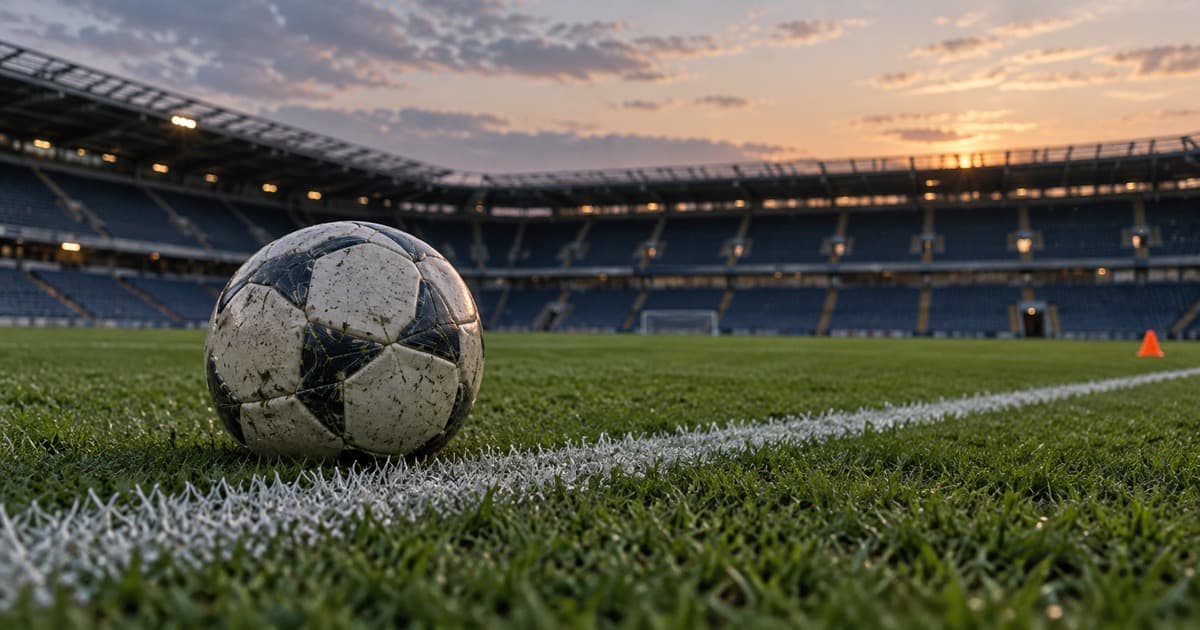 빈 축구 경기장의 흰 선 옆에 놓인 축구공과 멀리 보이는 관중석