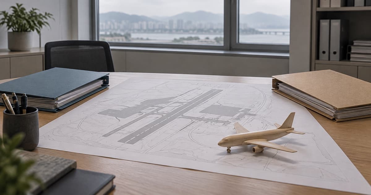 사무실 책상 위에 놓인 공항 도면과 작은 비행기 모형, 양쪽의 서류철
