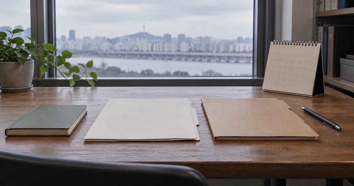 창가의 책상 위에 놓인 빈 서류철 두 개와 수첩, 달력, 펜