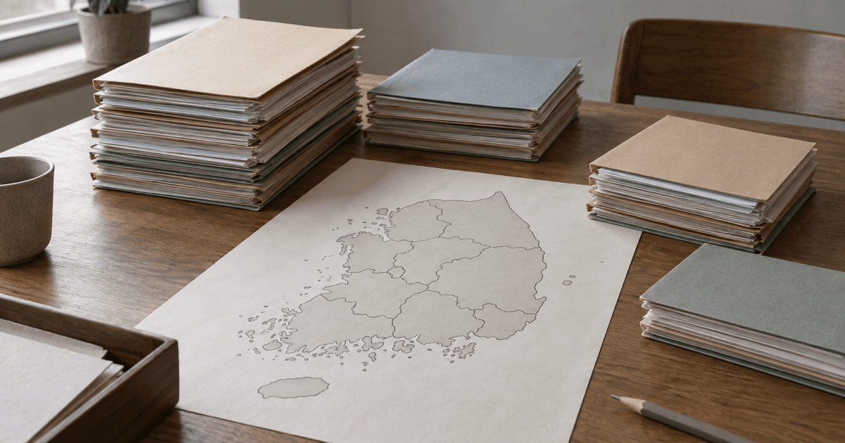 책상 위 종이 지도와 크기가 다른 서류 묶음. AI 생성 이미지