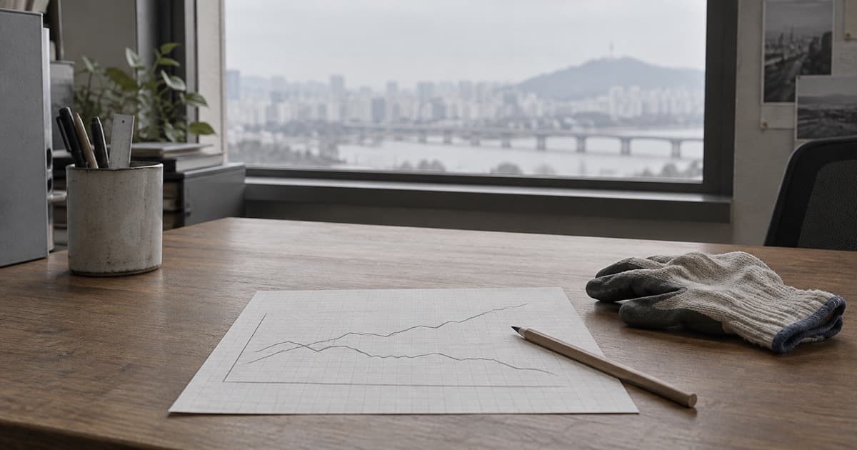 창가 책상 위 그래프 종이와 연필, 작업용 장갑을 그린 AI 편집 일러스트