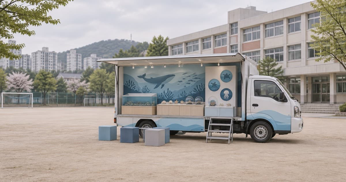 학교 운동장에 세워진 해양생물 체험 전시 차량을 표현한 AI 일러스트