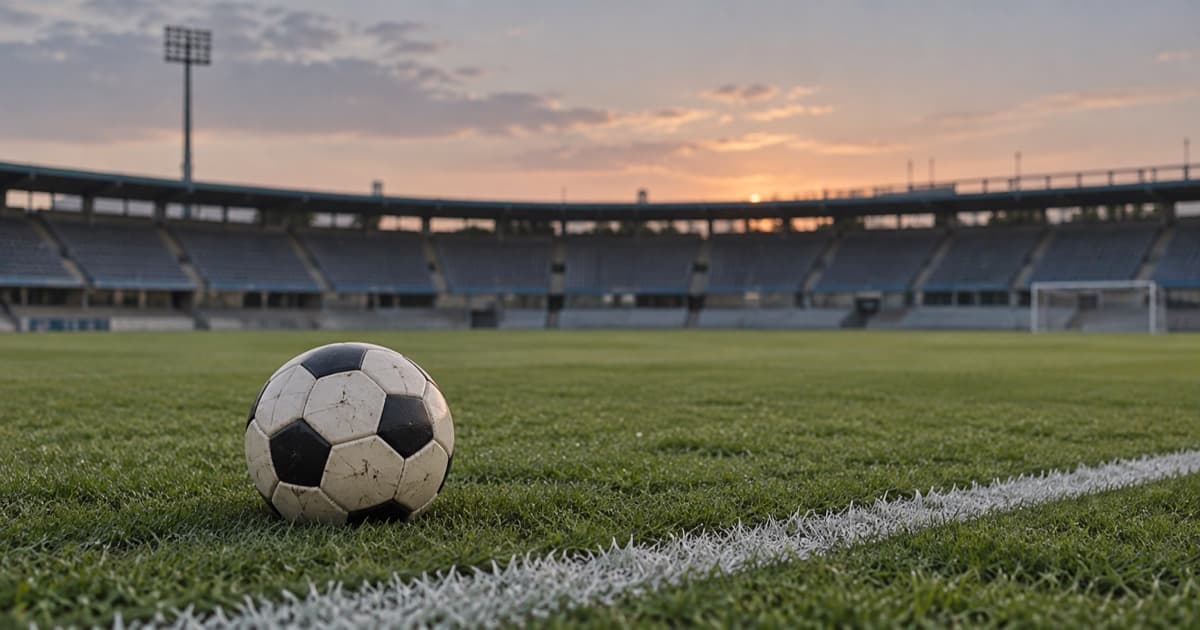 빈 축구 경기장 잔디 위 흰 선 옆에 놓인 축구공
