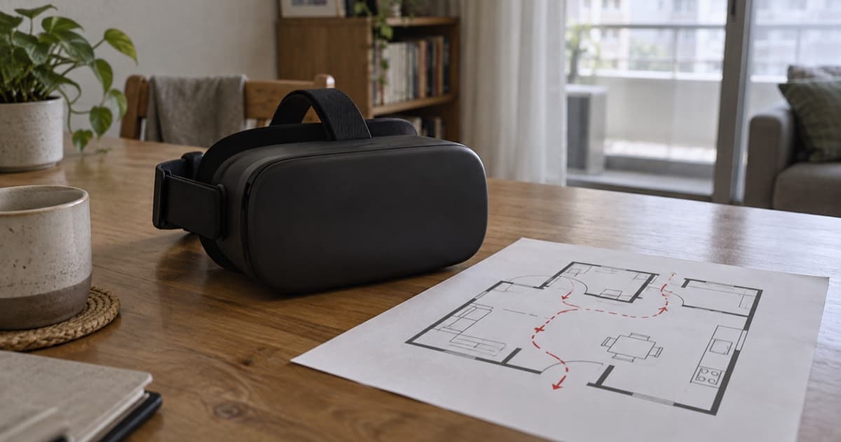 나무 탁자 위의 검은색 VR 헤드셋과 화살표가 그려진 주택 평면도
